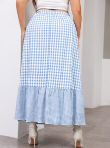 Plus High Waist Gingham Ruffle Hem Skirt - Blue and White - View 2