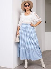 Plus High Waist Gingham Ruffle Hem Skirt - Blue and White - View 3