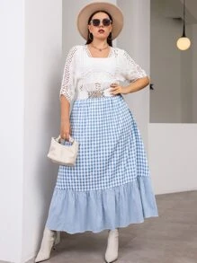 Plus High Waist Gingham Ruffle Hem Skirt - Blue and White - View 6