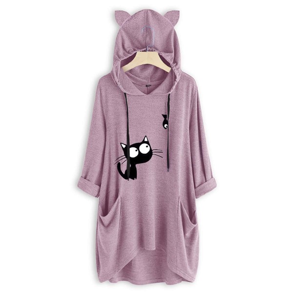 

Plus Cat Print Drawstring 3D Ear Design High Low Hem Hoodie Dress, Dusty pink