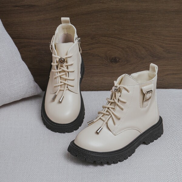

Girls Side Zip Combat Boots, Beige