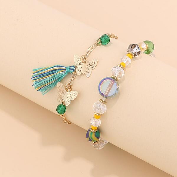 

2pcs Tassel & Butterfly Decor Bracelet, Multicolor