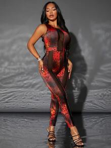 SHEIN SXY Áo liền quần nữ Tương phản Mesh cắt Dây kéo Tất cả trên in Gợi cảm - Nhiều màu - Xem 1