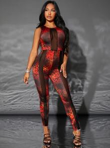 SHEIN SXY Áo liền quần nữ Tương phản Mesh cắt Dây kéo Tất cả trên in Gợi cảm - Nhiều màu - Xem 3