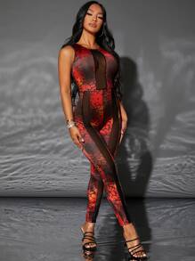 SHEIN SXY Áo liền quần nữ Tương phản Mesh cắt Dây kéo Tất cả trên in Gợi cảm - Nhiều màu - Xem 4