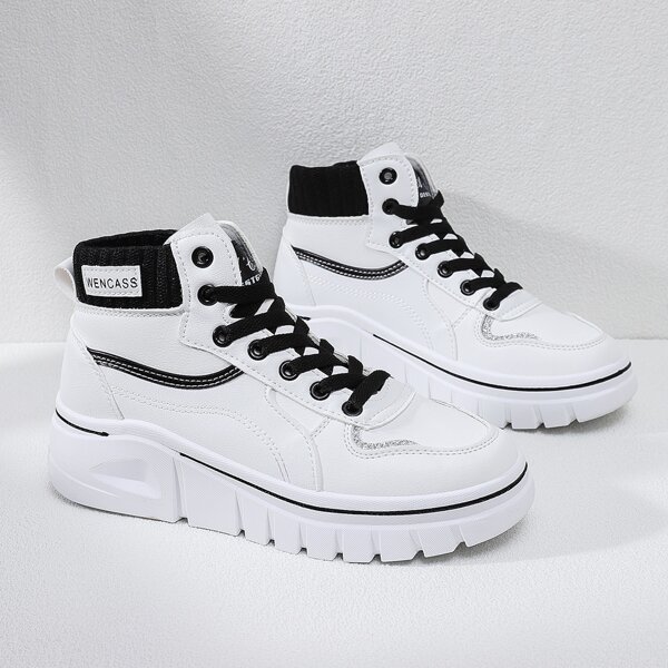 

Letter Graphic Lace-up Front High-top Sneakers, Black and white
