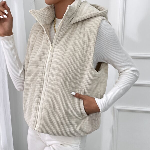

Slant Pockets Sleeveless Hooded Corduroy Winter Coat, Beige