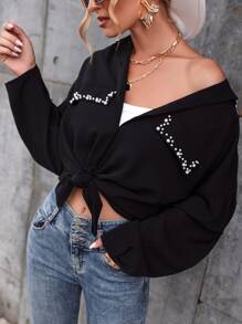 Mulvari Blusa con hombros caídos y cuentas de perlas para mujer - Negro - Ver 3