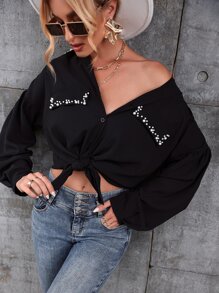 Mulvari Blusa con hombros caídos y cuentas de perlas para mujer - Negro - Ver 5