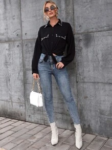 Mulvari Blusa con hombros caídos y cuentas de perlas para mujer - Negro - Ver 6