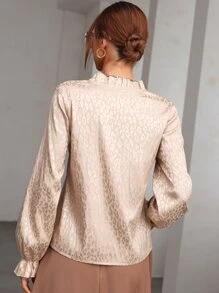 Modelyn Leopard Jacquard Frill Trim Flounce Sleeve Satin Blouse - Apricot - View 2