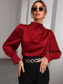 Modelyn Burgundy Red Mock Neck Puff Sleeve Satin Blouse,Long Sleeve Tops Fall Cloth For Women - Burgundy - View 1