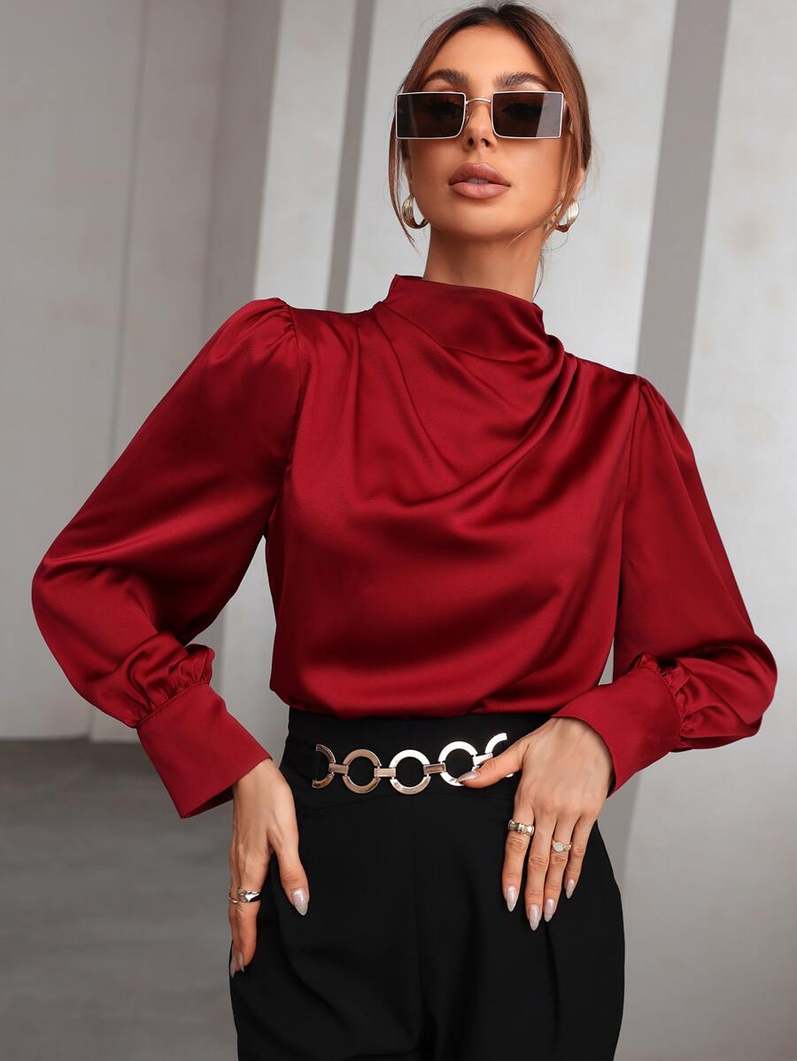 Modelyn Burgundy Red Mock Neck Puff Sleeve Satin Blouse,Long Sleeve Tops Fall Cloth For Women - Burgundy - View 1