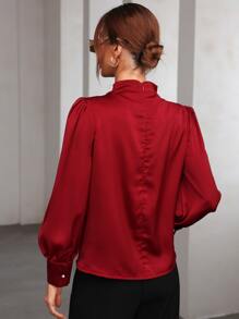 Modelyn Burgundy Red Mock Neck Puff Sleeve Satin Blouse,Long Sleeve Tops Fall Cloth For Women - Burgundy - View 2