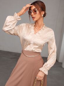 Modelyn Leopard Jacquard Frill Trim Flounce Sleeve Satin Blouse - Apricot - View 3