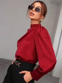 Modelyn Burgundy Red Mock Neck Puff Sleeve Satin Blouse,Long Sleeve Tops Fall Cloth For Women - Burgundy - View 3