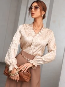 Modelyn Leopard Jacquard Frill Trim Flounce Sleeve Satin Blouse - Apricot - View 5