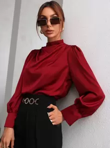 Modelyn Burgundy Red Mock Neck Puff Sleeve Satin Blouse,Long Sleeve Tops Fall Cloth For Women - Burgundy - View 4