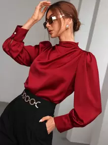 Modelyn Burgundy Red Mock Neck Puff Sleeve Satin Blouse,Long Sleeve Tops Fall Cloth For Women - Burgundy - View 5
