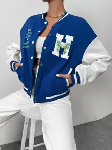 SHEIN Unity Letter & Butterfly Print Drop Shoulder Two Tone Varsity Jacket - Royal Blue - View 1