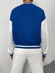 SHEIN Unity Letter & Butterfly Print Drop Shoulder Two Tone Varsity Jacket - Royal Blue - View 2