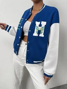 SHEIN Unity Letter & Butterfly Print Drop Shoulder Two Tone Varsity Jacket - Royal Blue - View 3