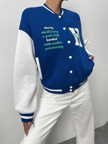 SHEIN Unity Letter & Butterfly Print Drop Shoulder Two Tone Varsity Jacket - Royal Blue - View 6
