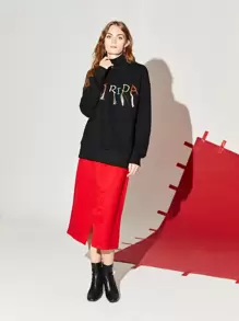 SHEIN EZwear Letter Embroidery Fringe Trim Turtleneck Drop Shoulder Pullover - Black - View 1