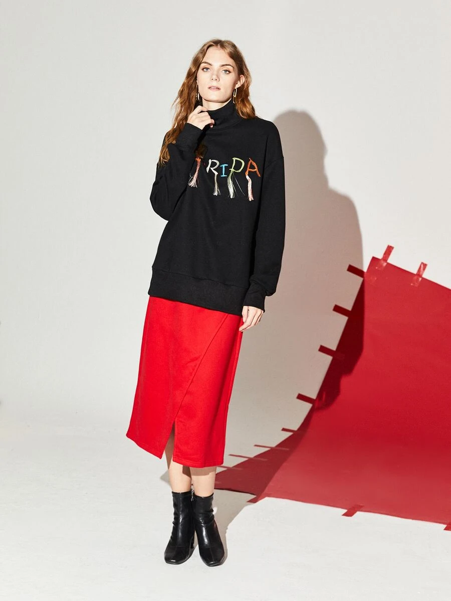 SHEIN EZwear Letter Embroidery Fringe Trim Turtleneck Drop Shoulder Pullover - Black - View 1