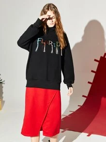 SHEIN EZwear Letter Embroidery Fringe Trim Turtleneck Drop Shoulder Pullover - Black - View 3