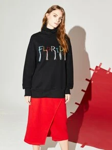 SHEIN EZwear Letter Embroidery Fringe Trim Turtleneck Drop Shoulder Pullover - Black - View 4