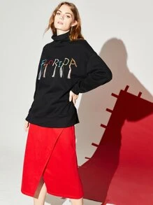 SHEIN EZwear Letter Embroidery Fringe Trim Turtleneck Drop Shoulder Pullover - Black - View 5