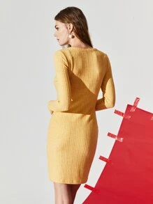 SHEIN EZwear 素色四分之一按鈕連衣裙 - 黃色 - 查看 3