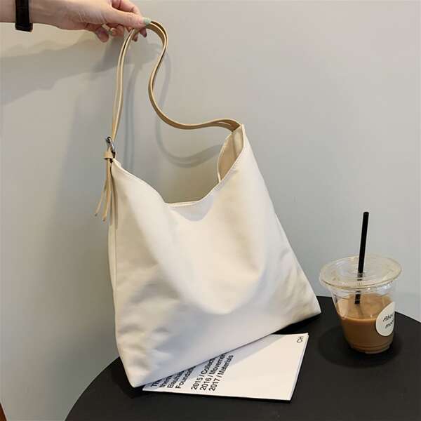 

Minimalist Buckle Decor Shoulder Tote Bag, White