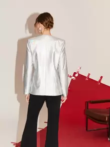 SHEIN Privé Áo khoác  âu phục nữ Thắt nơ trước màu trơn Hấp dẫn - Bạc - Xem 2