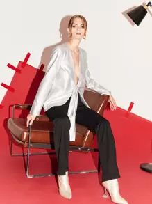 SHEIN Privé Áo khoác  âu phục nữ Thắt nơ trước màu trơn Hấp dẫn - Bạc - Xem 4