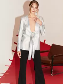 SHEIN Privé Áo khoác  âu phục nữ Thắt nơ trước màu trơn Hấp dẫn - Bạc - Xem 5