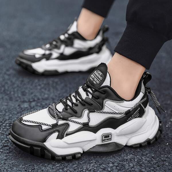 

Men Colorblock Lace-up Front Running Shoes, Black and white
