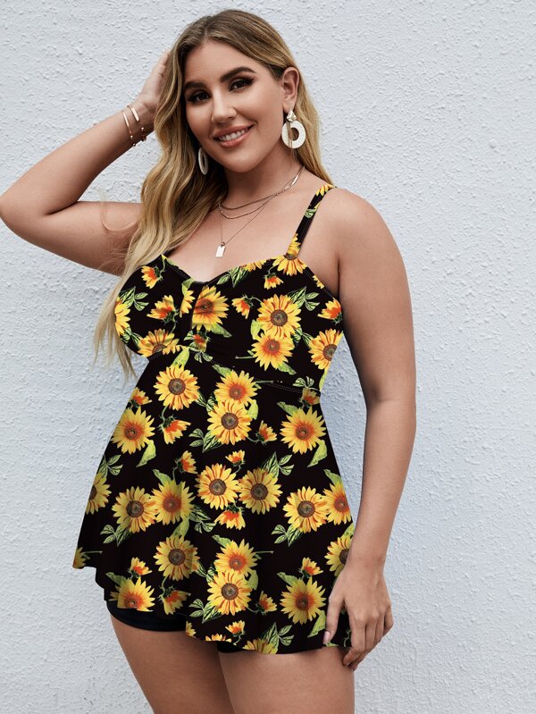 SHEIN Swim Classy Plus Sunflower Print Separate Set Ruched Bust Swim