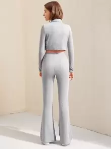 Chicas adolescentes conjunto top con cremallera unicolor con pantalones de pierna amplia - Gris Claro - Ver 2