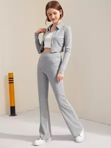 Chicas adolescentes conjunto top con cremallera unicolor con pantalones de pierna amplia - Gris Claro - Ver 3