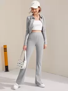 Chicas adolescentes conjunto top con cremallera unicolor con pantalones de pierna amplia - Gris Claro - Ver 4