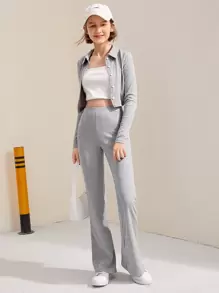 Chicas adolescentes conjunto top con cremallera unicolor con pantalones de pierna amplia - Gris Claro - Ver 5