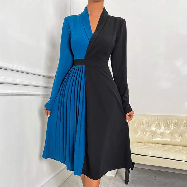 

Two Tone Shawl Collar Pleated Panel Dress, Multicolor