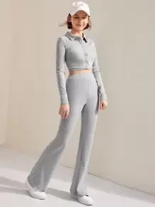 Chicas adolescentes conjunto top con cremallera unicolor con pantalones de pierna amplia - Gris Claro - Ver 6