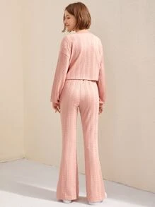 SHEIN Teen Girls Cable Textured Drop Shoulder Top & Flare Leg Trousers - Baby Pink - View 2