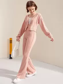 SHEIN Teen Girls Cable Textured Drop Shoulder Top & Flare Leg Trousers - Baby Pink - View 1