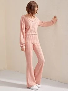 SHEIN Teen Girls Cable Textured Drop Shoulder Top & Flare Leg Trousers - Baby Pink - View 3
