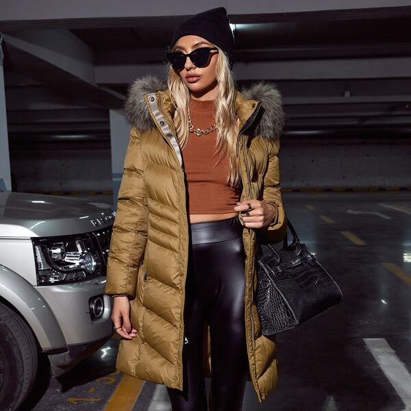 

Contrast Fuzzy Hooded Puffer Coat, Brown