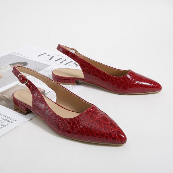 

Crocodile Embossed Point Tie Slingback Flats, Red